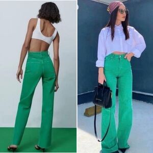 ZARA Green High-Rise Wide Leg Jeans with Raw Hem, Full Length Size 2
